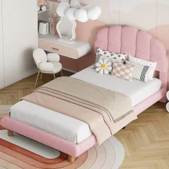 Lit simple 90x200 cm, avec tête de lit en forme de cercle guimauve, cadre en métal, lit capitonné en sherpa - Rose