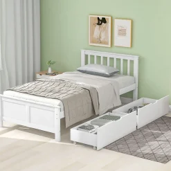 Lit Simple 90x200 cm Bois - Lit Ado ou Adulte avec Rangement Intégré sous le Sommier - Sans Matelas - Bois de Pin + MDF - Blanc