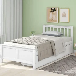 Lit Simple 90x200 cm Bois - Lit Ado ou Adulte avec Rangement Intégré sous le Sommier - Sans Matelas - Bois de Pin + MDF - Blanc