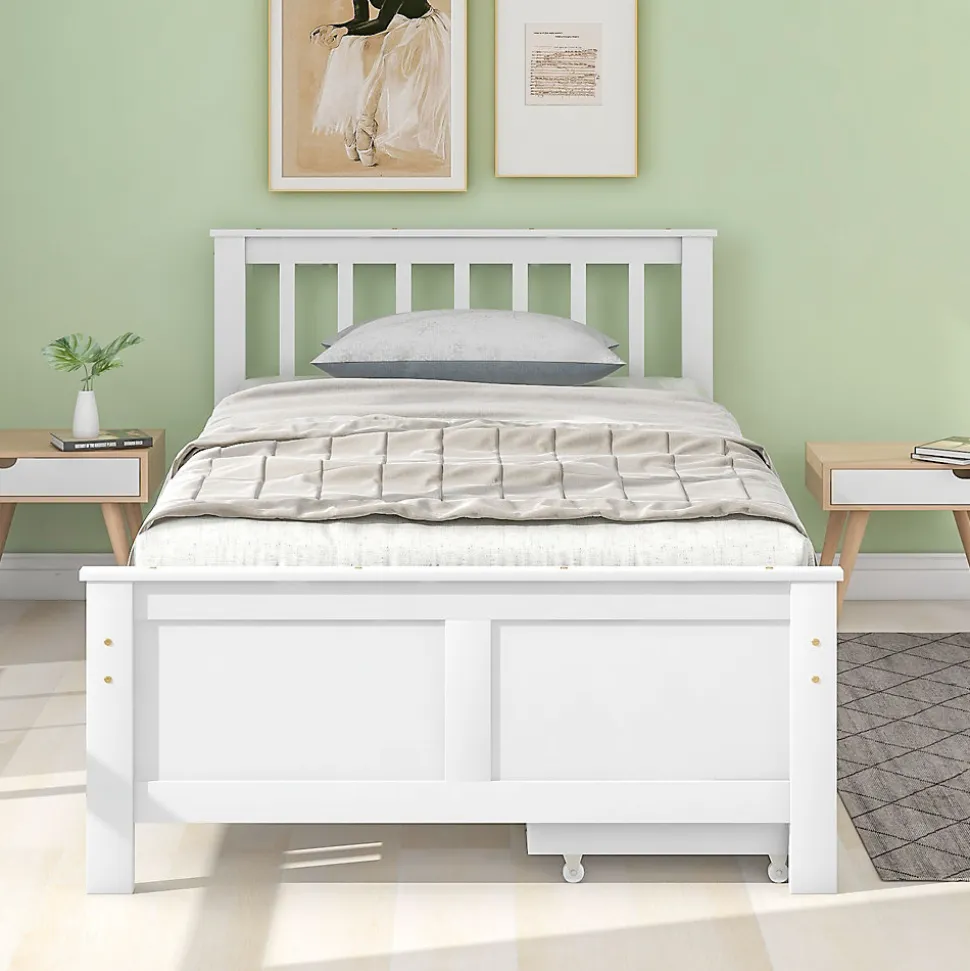 Lit Simple 90x200 cm Bois - Lit Ado ou Adulte avec Rangement Intégré sous le Sommier - Sans Matelas - Bois de Pin + MDF - Blanc