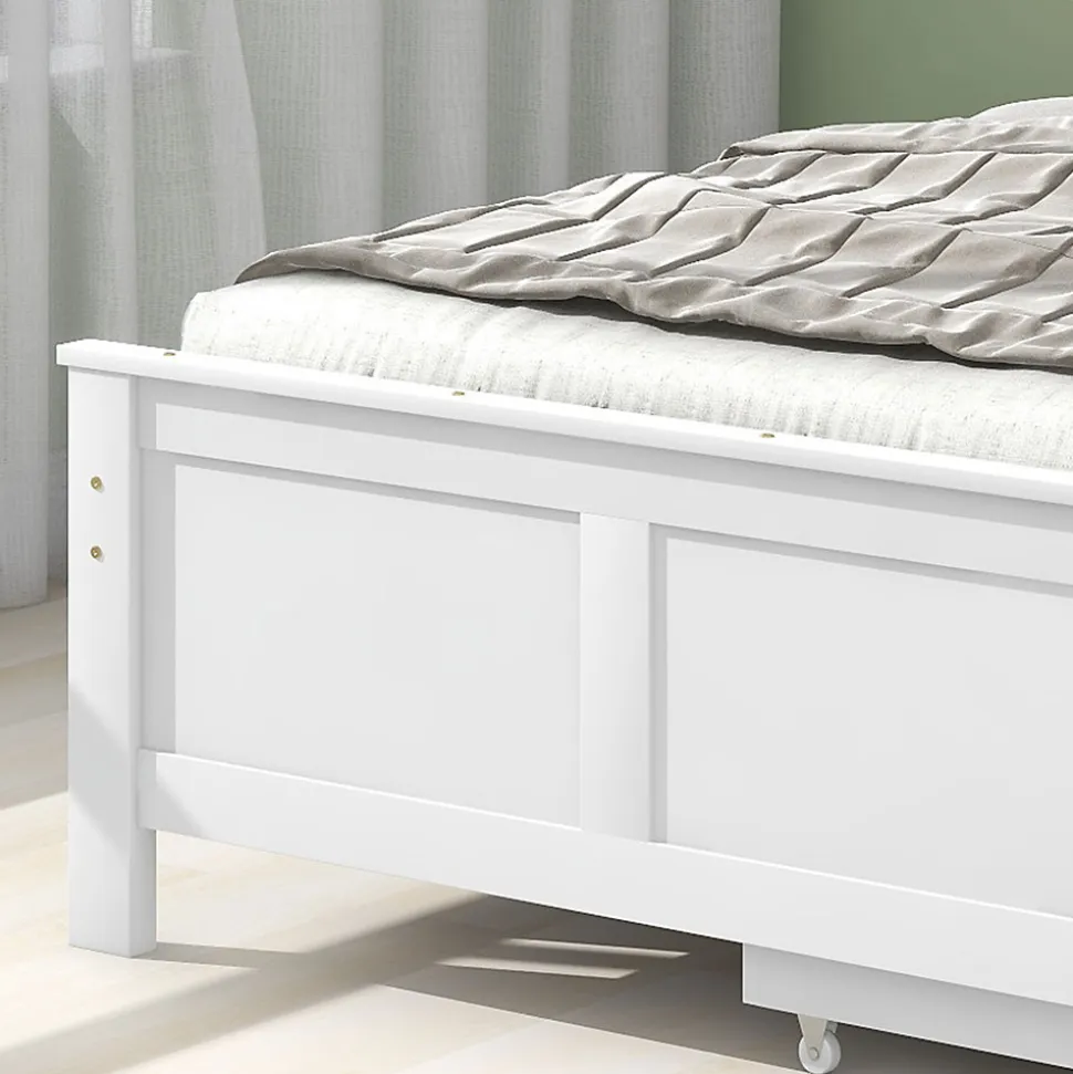 Lit Simple 90x200 cm Bois - Lit Ado ou Adulte avec Rangement Intégré sous le Sommier - Sans Matelas - Bois de Pin + MDF - Blanc