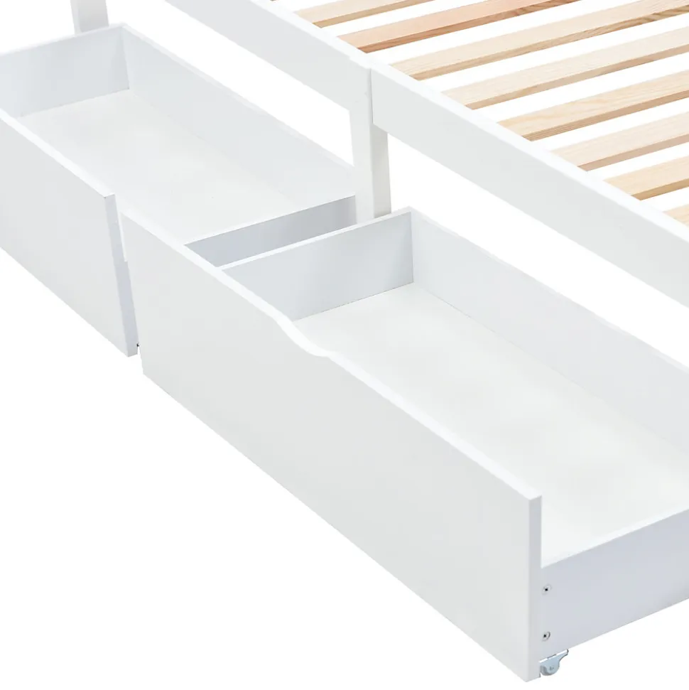 Lit Simple 90x200 cm Bois - Lit Ado ou Adulte avec Rangement Intégré sous le Sommier - Sans Matelas - Bois de Pin + MDF - Blanc