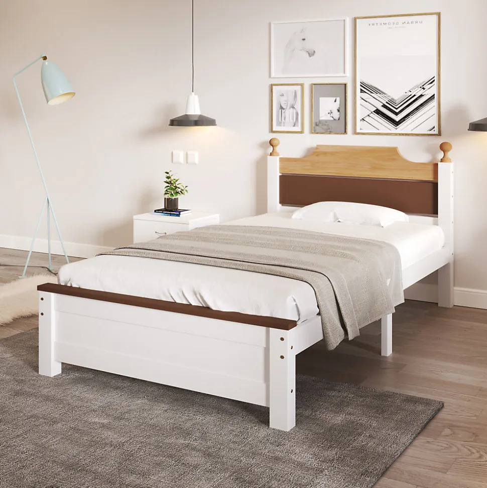 Lit simple 90x200 cm en bois de pin avec pied central, tête et pied en MDF, design Colour-Blocking blanc, lit pour ado et adulte