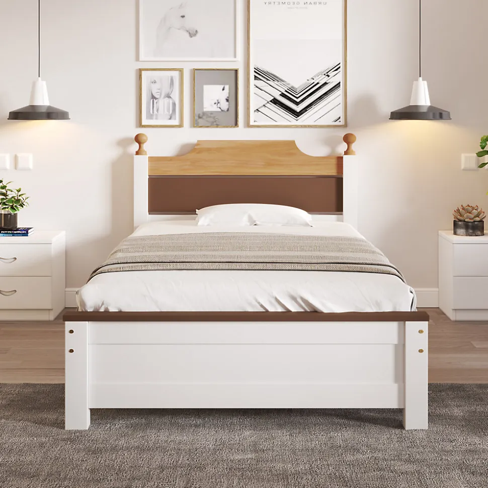 Lit simple 90x200 cm en bois de pin avec pied central, tête et pied en MDF, design Colour-Blocking blanc, lit pour ado et adulte
