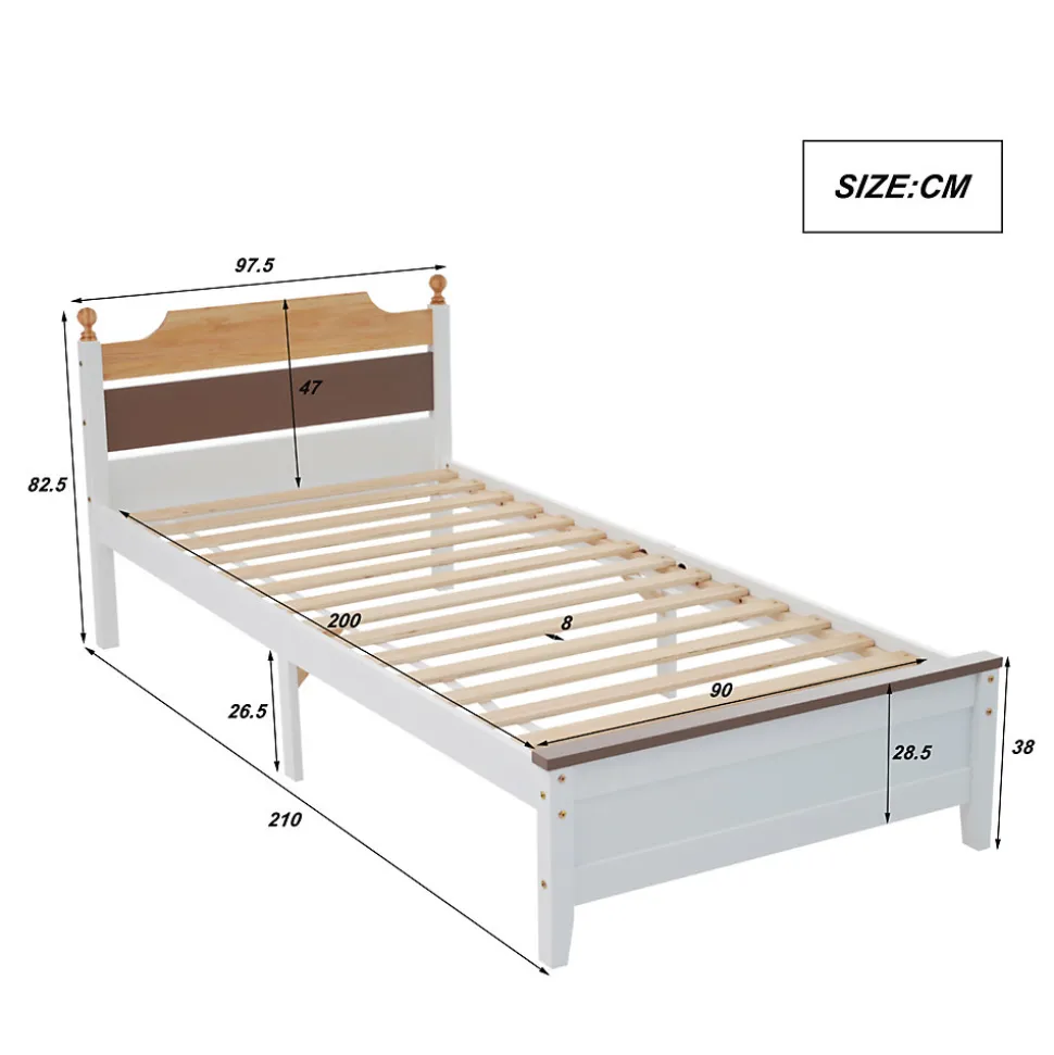 Lit simple 90x200 cm en bois de pin avec pied central, tête et pied en MDF, design Colour-Blocking blanc, lit pour ado et adulte