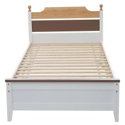Lit simple 90x200 cm en bois de pin avec pied central, tête et pied en MDF, design Colour-Blocking blanc, lit pour ado et adulte