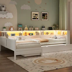 Lit simple 90x200 cm en forme de L - Avec lit gigogne et 1 tiroir - LED et port USB - MDF - Blanc (sans matelas)