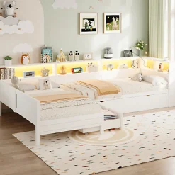 Lit simple 90x200 cm en forme de L - Avec lit gigogne et 1 tiroir - LED et port USB - MDF - Blanc (sans matelas)