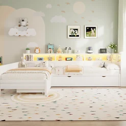 Lit simple 90x200 cm en forme de L - Avec lit gigogne et 1 tiroir - LED et port USB - MDF - Blanc (sans matelas)