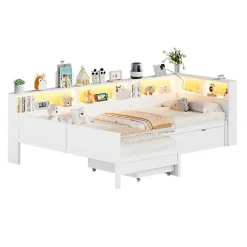 Lit simple 90x200 cm en forme de L - Avec lit gigogne et 1 tiroir - LED et port USB - MDF - Blanc (sans matelas)
