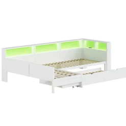 Lit simple 90x200 cm en forme de L - Avec lit gigogne et 1 tiroir - LED et port USB - MDF - Blanc (sans matelas)