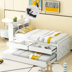 Lit simple 90x190 cm en pin massif avec sommier tiroir table de chevet étagères port USB blanc