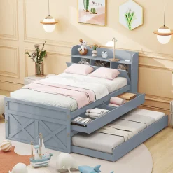 Lit simple 90x190 cm en pin massif avec sommier tiroir table de chevet étagères port USB gris