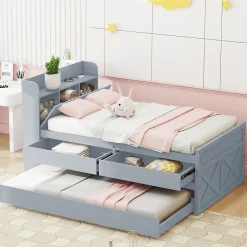 Lit simple 90x190 cm en pin massif avec sommier tiroir table de chevet étagères port USB gris