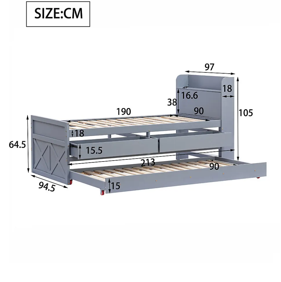 Lit simple 90x190 cm en pin massif avec sommier tiroir table de chevet étagères port USB gris