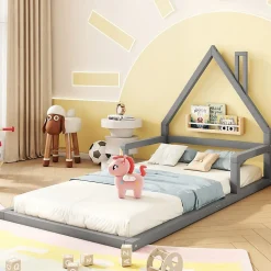 Lit Simple 90x200 cm en Pin Massif Gris, Design Minimaliste, Confort et Sécurité pour Chambre