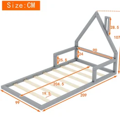 Lit Simple 90x200 cm en Pin Massif Gris, Design Minimaliste, Confort et Sécurité pour Chambre