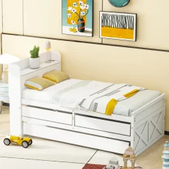 Lit simple 90x190 cm en pin massif blanc avec tiroir coulissant, sommier et table de chevet USB, Lit multifonction ado/invité