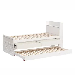 Lit simple 90x190 cm en pin massif blanc avec tiroir coulissant, sommier et table de chevet USB, Lit multifonction ado/invité