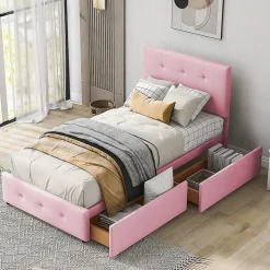 Lit simple 90x200 cm en velours beige avec sommier et 2 tiroirs, lit plat pour enfants, adolescents ou invités, rose