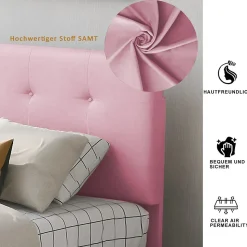 Lit simple 90x200 cm en velours beige avec sommier et 2 tiroirs, lit plat pour enfants, adolescents ou invités, rose