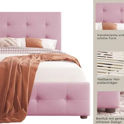 Lit simple 90x200 cm en velours beige avec sommier et 2 tiroirs, lit plat pour enfants, adolescents ou invités, rose