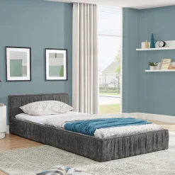 Lit Simple 90x200 cm enfant Capitonné, Tête de Lit, Structure Bois d'Eucalyptus Métal, Chenille Doux, Gris Foncé, Sans Matelas