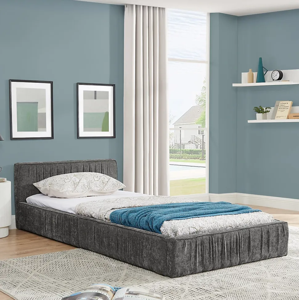 Lit Simple 90x200 cm enfant Capitonné, Tête de Lit, Structure Bois d'Eucalyptus Métal, Chenille Doux, Gris Foncé, Sans Matelas