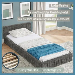 Lit Simple 90x200 cm enfant Capitonné, Tête de Lit, Structure Bois d'Eucalyptus Métal, Chenille Doux, Gris Foncé, Sans Matelas