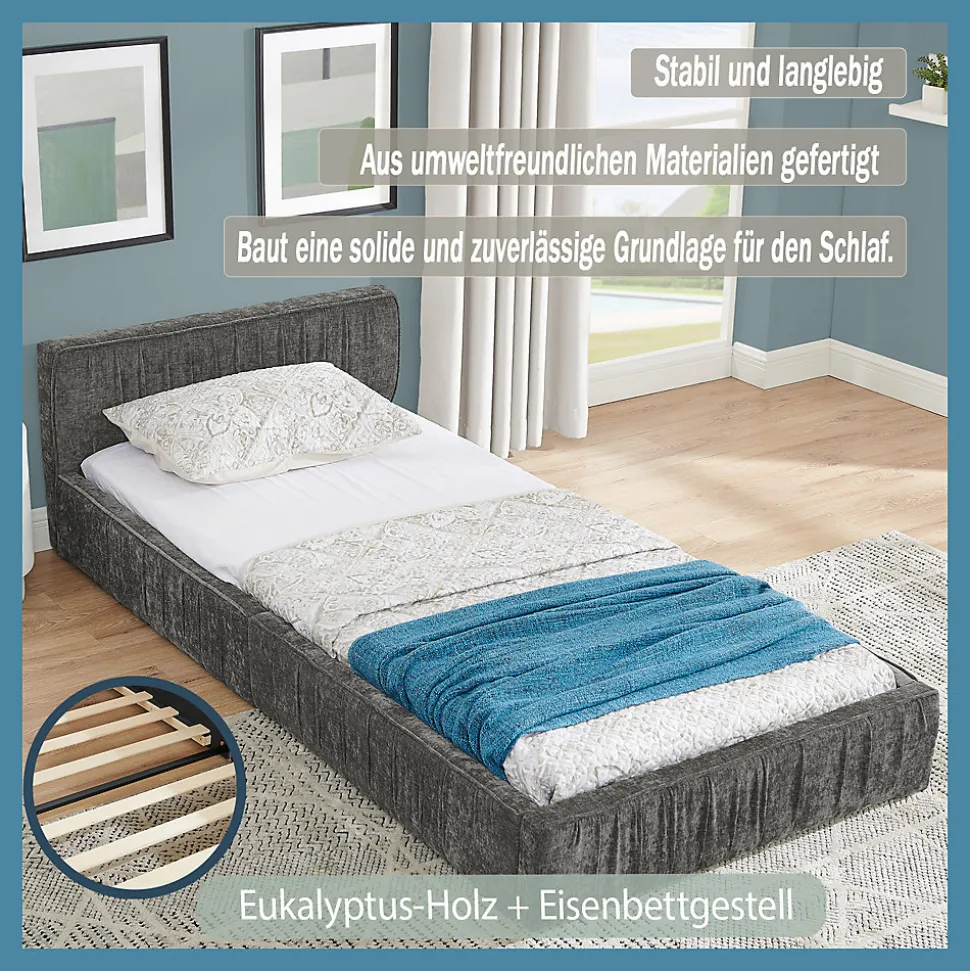 Lit Simple 90x200 cm enfant Capitonné, Tête de Lit, Structure Bois d'Eucalyptus Métal, Chenille Doux, Gris Foncé, Sans Matelas