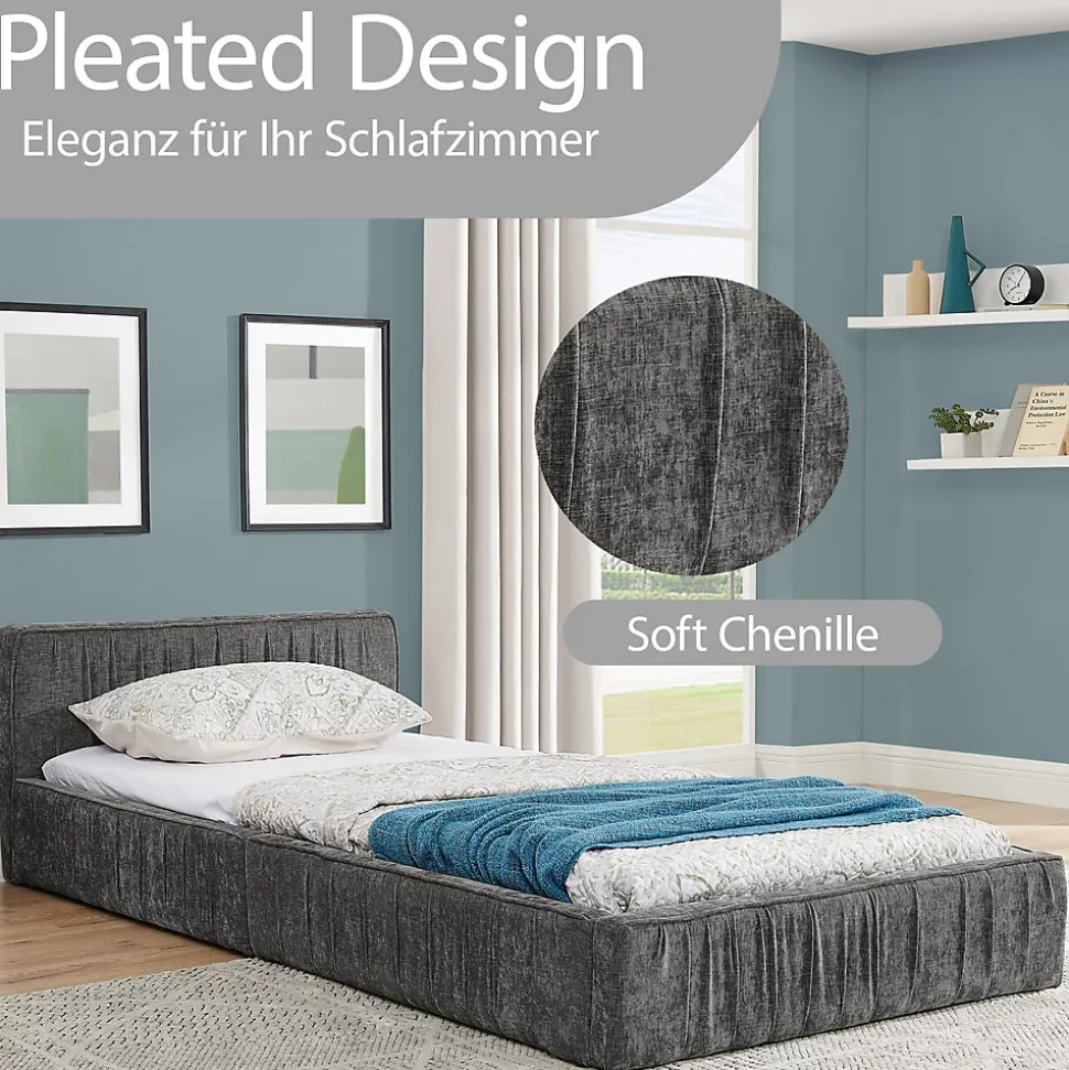 Lit Simple 90x200 cm enfant Capitonné, Tête de Lit, Structure Bois d'Eucalyptus Métal, Chenille Doux, Gris Foncé, Sans Matelas