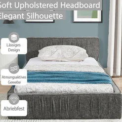 Lit Simple 90x200 cm enfant Capitonné, Tête de Lit, Structure Bois d'Eucalyptus Métal, Chenille Doux, Gris Foncé, Sans Matelas