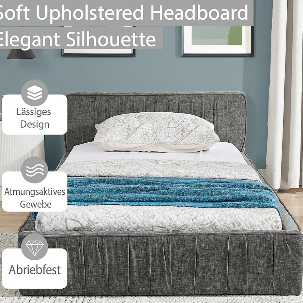 Lit Simple 90x200 cm enfant Capitonné, Tête de Lit, Structure Bois d'Eucalyptus Métal, Chenille Doux, Gris Foncé, Sans Matelas