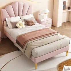 Lit simple 90x200 cm, Lit Capitonné avec Tête de Lit Coquillage Réglable et Pieds Dorés - Rose, Sans Matelas