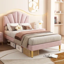 Lit simple 90x200 cm, Lit Capitonné avec Tête de Lit Coquillage Réglable et Pieds Dorés - Rose, Sans Matelas