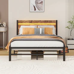 Lit Simple 120x200 cm, Lit Métal Ado Vintage avec LED et USB, Sans Matelas, MDF et Métal, Noir/Brun