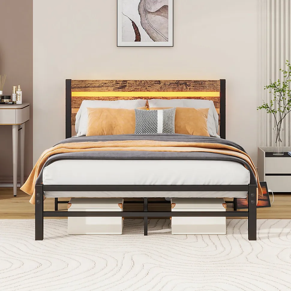 Lit Simple 120x200 cm, Lit Métal Ado Vintage avec LED et USB, Sans Matelas, MDF et Métal, Noir/Brun