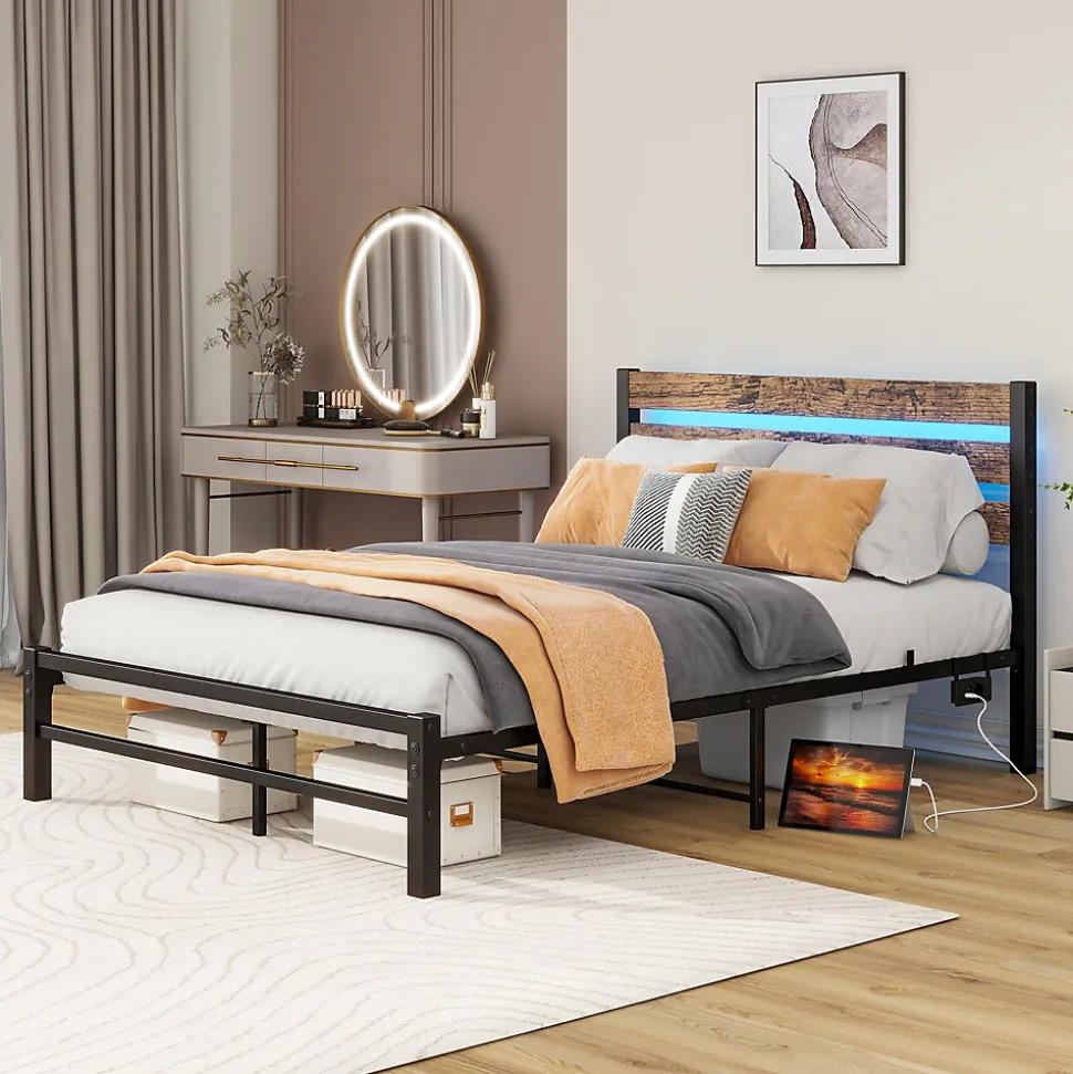 Lit Simple 120x200 cm, Lit Métal Ado Vintage avec LED et USB, Sans Matelas, MDF et Métal, Noir/Brun