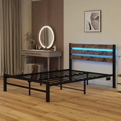 Lit Simple 120x200 cm, Lit Métal Ado Vintage avec LED et USB, Sans Matelas, MDF et Métal, Noir/Brun