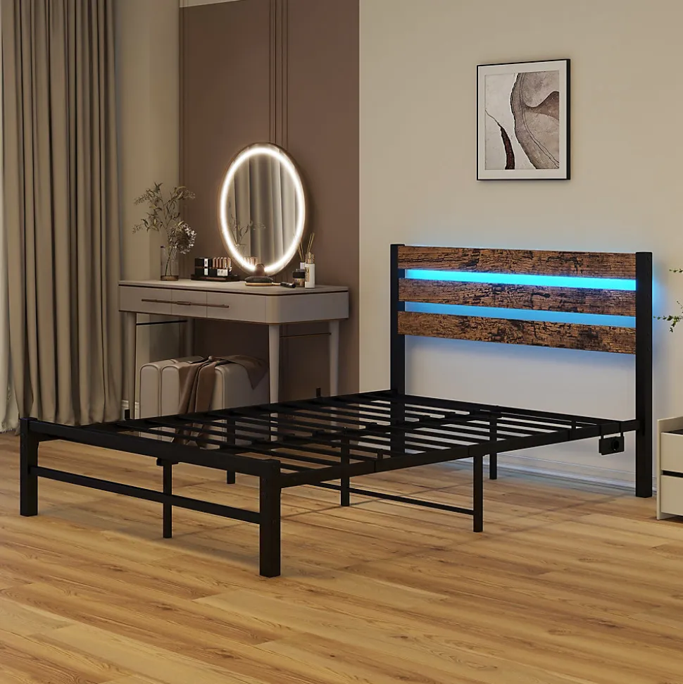 Lit Simple 120x200 cm, Lit Métal Ado Vintage avec LED et USB, Sans Matelas, MDF et Métal, Noir/Brun