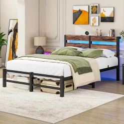 Lit Simple 120x200 cm, Lit Métal Ado avec Éclairage LED et Prises USB, Rangement dessous, Sans Matelas, Métal et Bois, Noir, Brun