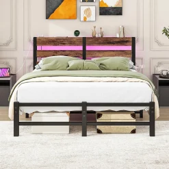 Lit Simple 120x200 cm, Lit Métal Ado avec Éclairage LED et Prises USB, Rangement dessous, Sans Matelas, Métal et Bois, Noir, Brun