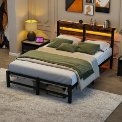 Lit Simple 120x200 cm, Lit Métal Ado avec Éclairage LED et Prises USB, Rangement dessous, Sans Matelas, Métal et Bois, Noir, Brun