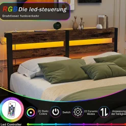 Lit Simple 120x200 cm, Lit Métal Ado avec Éclairage LED et Prises USB, Rangement dessous, Sans Matelas, Métal et Bois, Noir, Brun