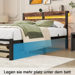 Lit Simple 120x200 cm, Lit Métal Ado avec Éclairage LED et Prises USB, Rangement dessous, Sans Matelas, Métal et Bois, Noir, Brun