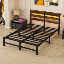 Lit Simple 120x200 cm, Lit Métal Ado avec Éclairage LED et Prises USB, Rangement dessous, Sans Matelas, Métal et Bois, Noir, Brun