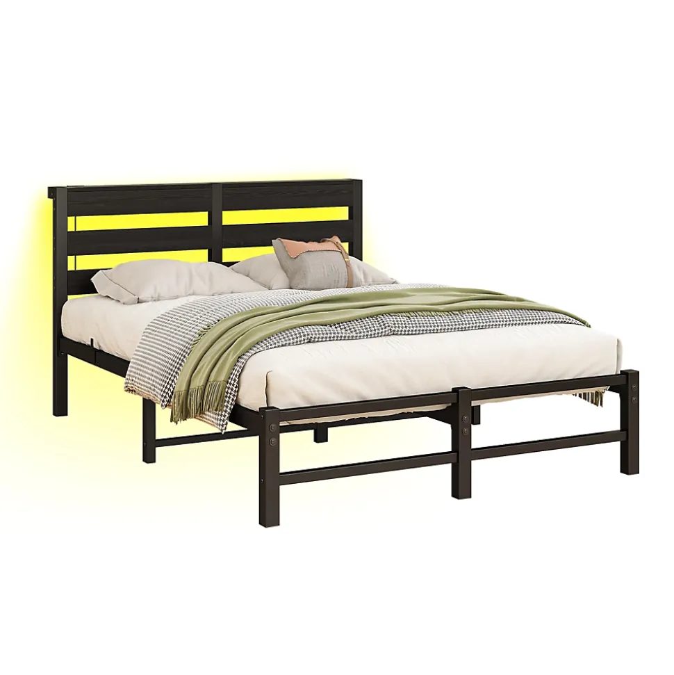 Lit Simple 120x200 cm, Lit Métal Ado avec Éclairage LED et Prises USB, Rangement dessous, Sans Matelas, Métal et Bois, Noir