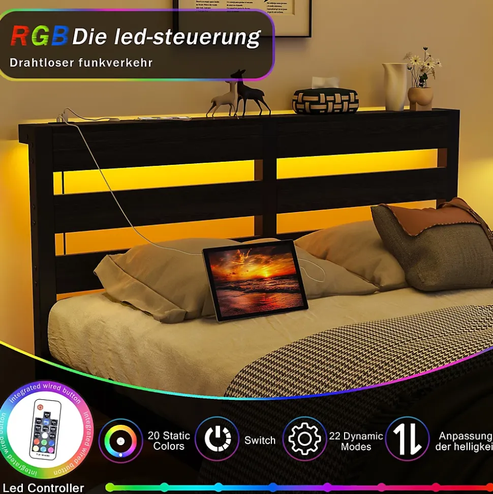 Lit Simple 120x200 cm, Lit Métal Ado avec Éclairage LED et Prises USB, Rangement dessous, Sans Matelas, Métal et Bois, Noir