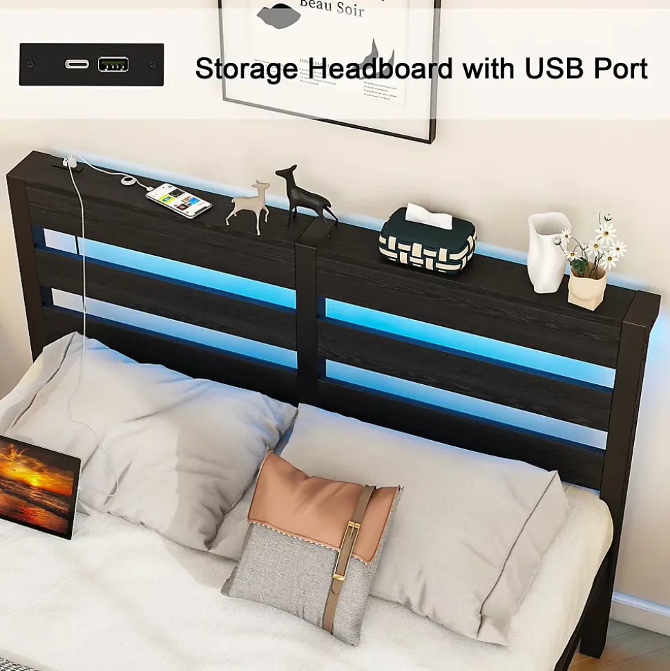 Lit Simple 120x200 cm, Lit Métal Ado avec Éclairage LED et Prises USB, Rangement dessous, Sans Matelas, Métal et Bois, Noir