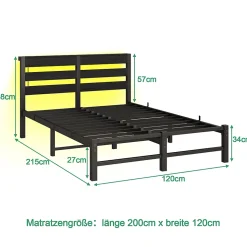 Lit Simple 120x200 cm, Lit Métal Ado avec Éclairage LED et Prises USB, Rangement dessous, Sans Matelas, Métal et Bois, Noir